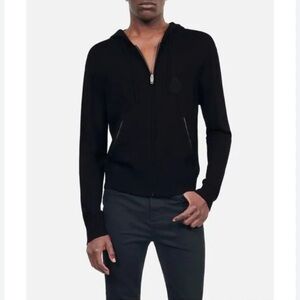 THE KOOPLES French Lux Black Wool Sweater Hoodie with Lambskin Leather Detail